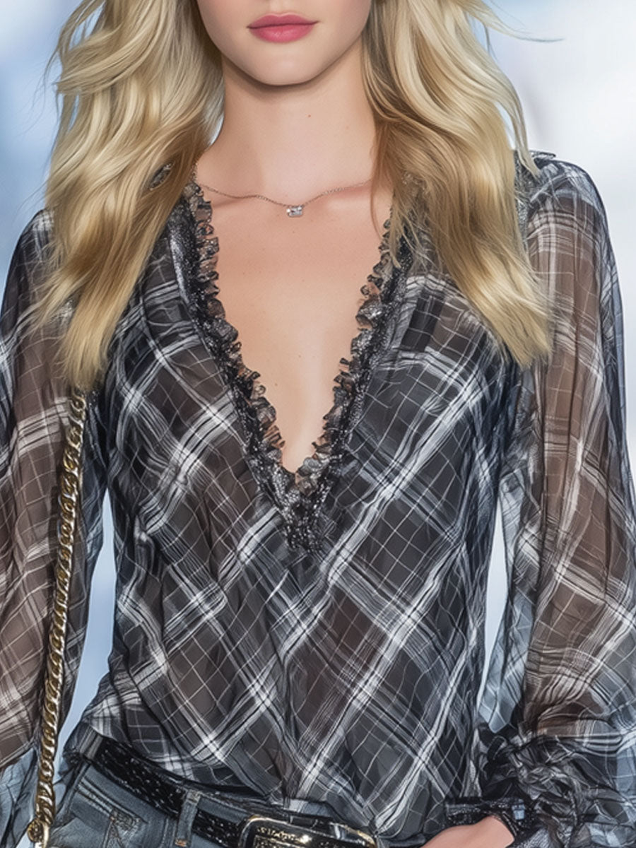 V-neck Ruffled Classic Plaid Print Chiffon Long-sleeved Shirt