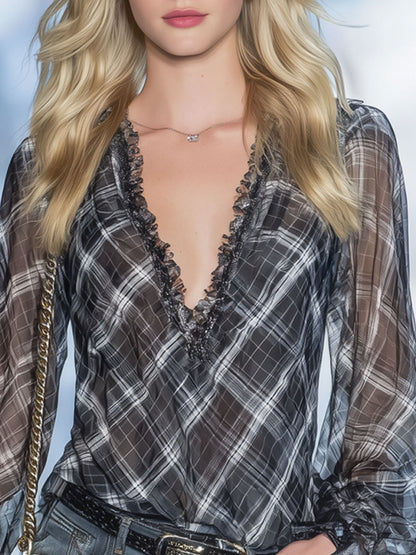 V-neck Ruffled Classic Plaid Print Chiffon Long-sleeved Shirt