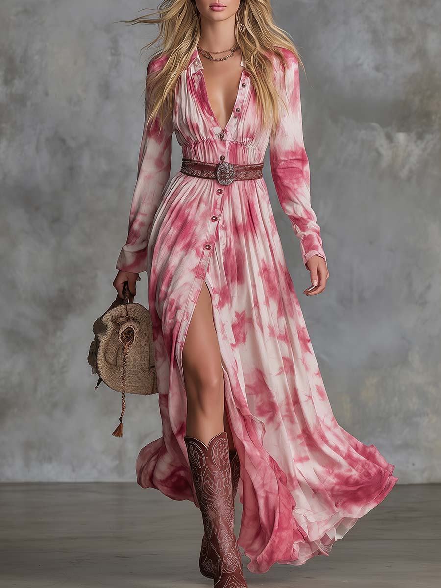 Vintage Western Lapel Front Button Pink Tie-dye Pattern Cotton Slits.Dress