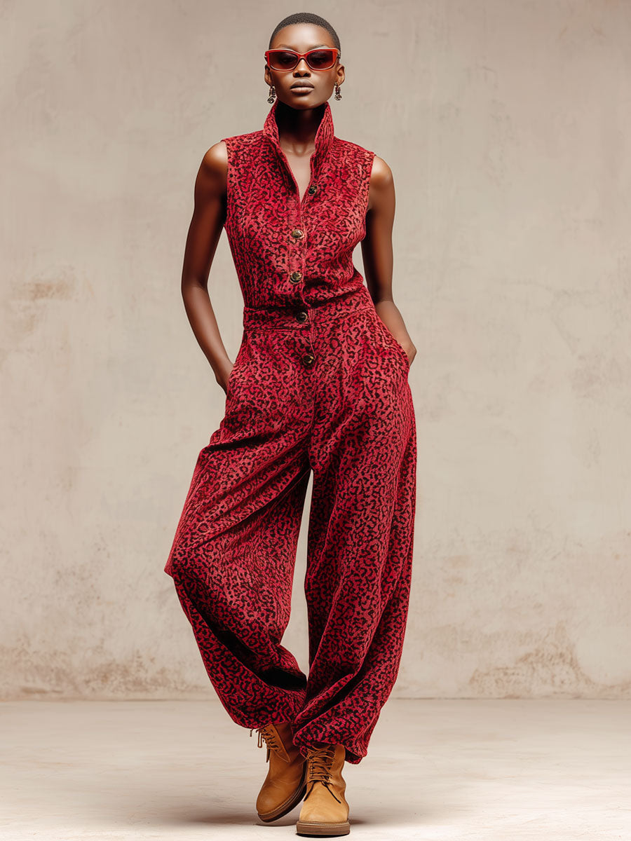 Casual Retro Leopard Print Red Velvet Sleeveless Jogger Jumpsuit