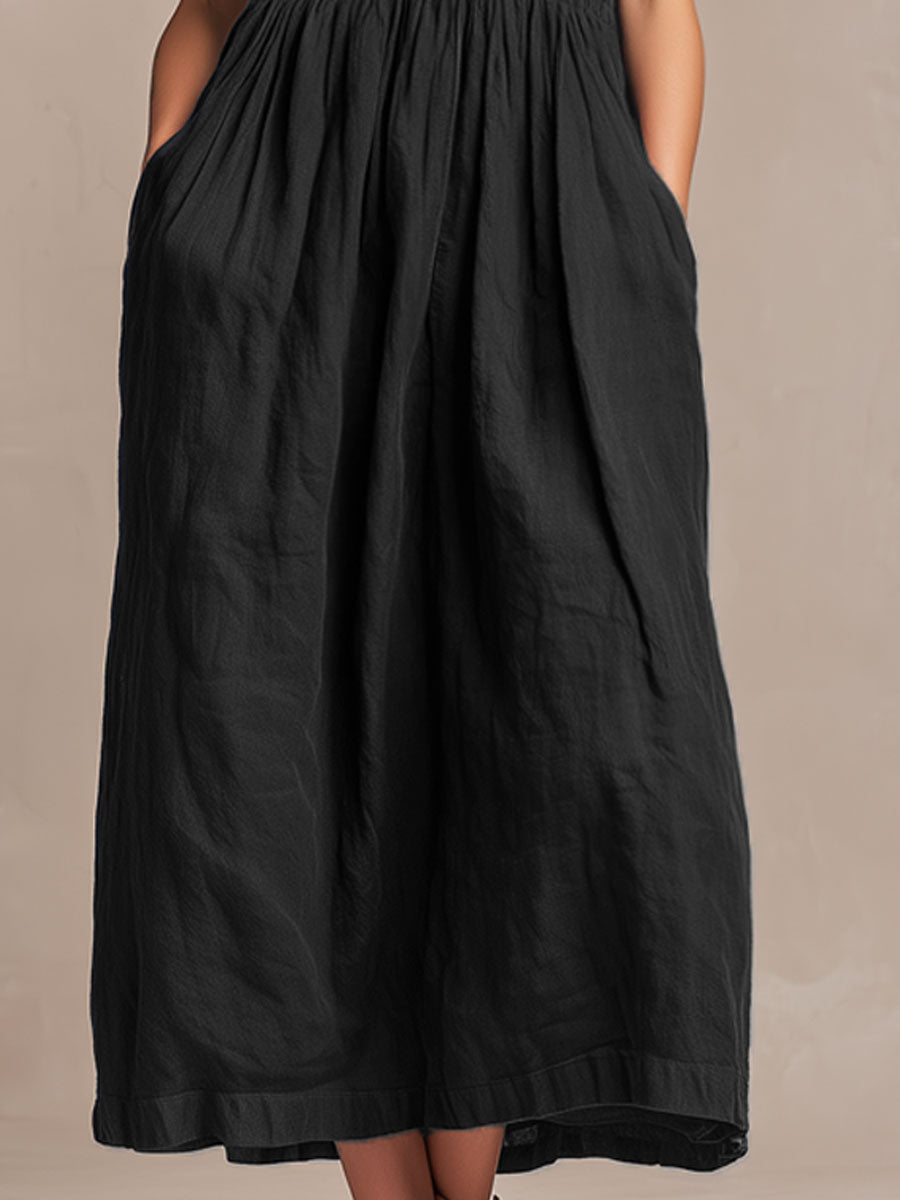 Vintage-style Embroidered Sleeveless Black Cotton Midi Dress