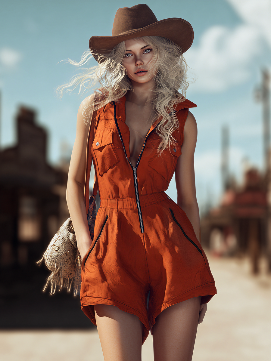 Bohemian Western-Style Collared Sleeveless Zip-Front Jumpsuit