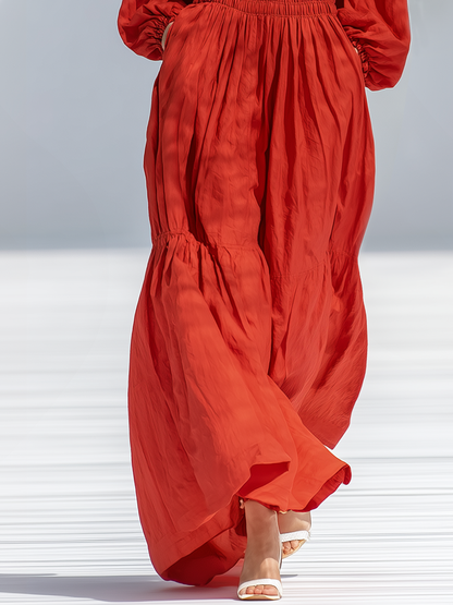 Loose-fitting Bohemian V-neck Elasticated Tulip-shaped Hem Red Cotton Linen Maxi Dress