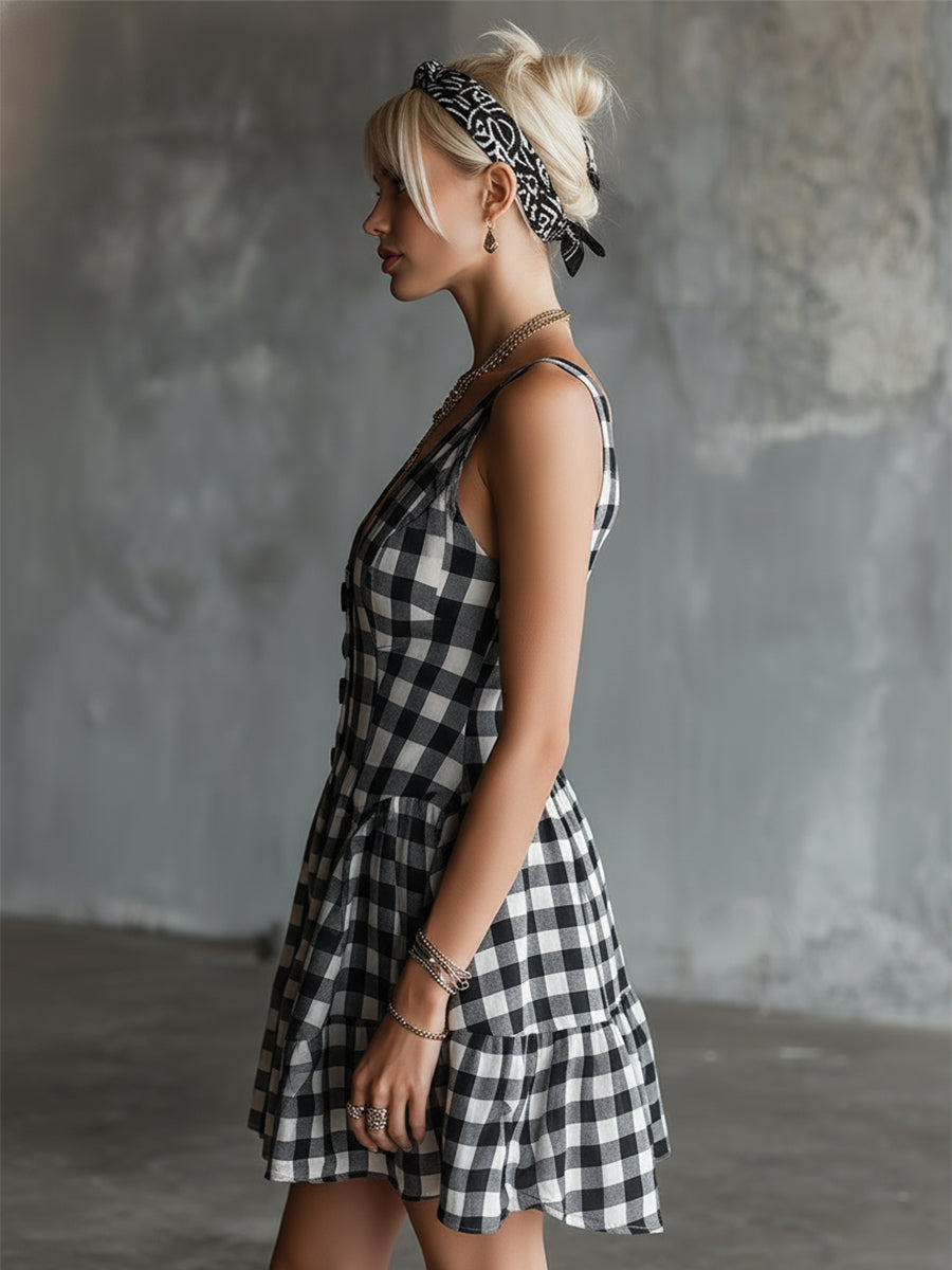 Chic Urban Black &amp; White Plaid Sleeveless Mini Dress