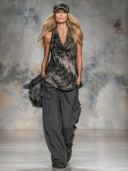 Vintage-style Printed Sleeveless Top And Pants Set