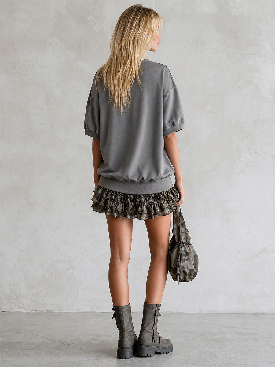 Stylish Casual Camo-Print Ruffled Grey Cotton Short-Sleeve Mini Dress