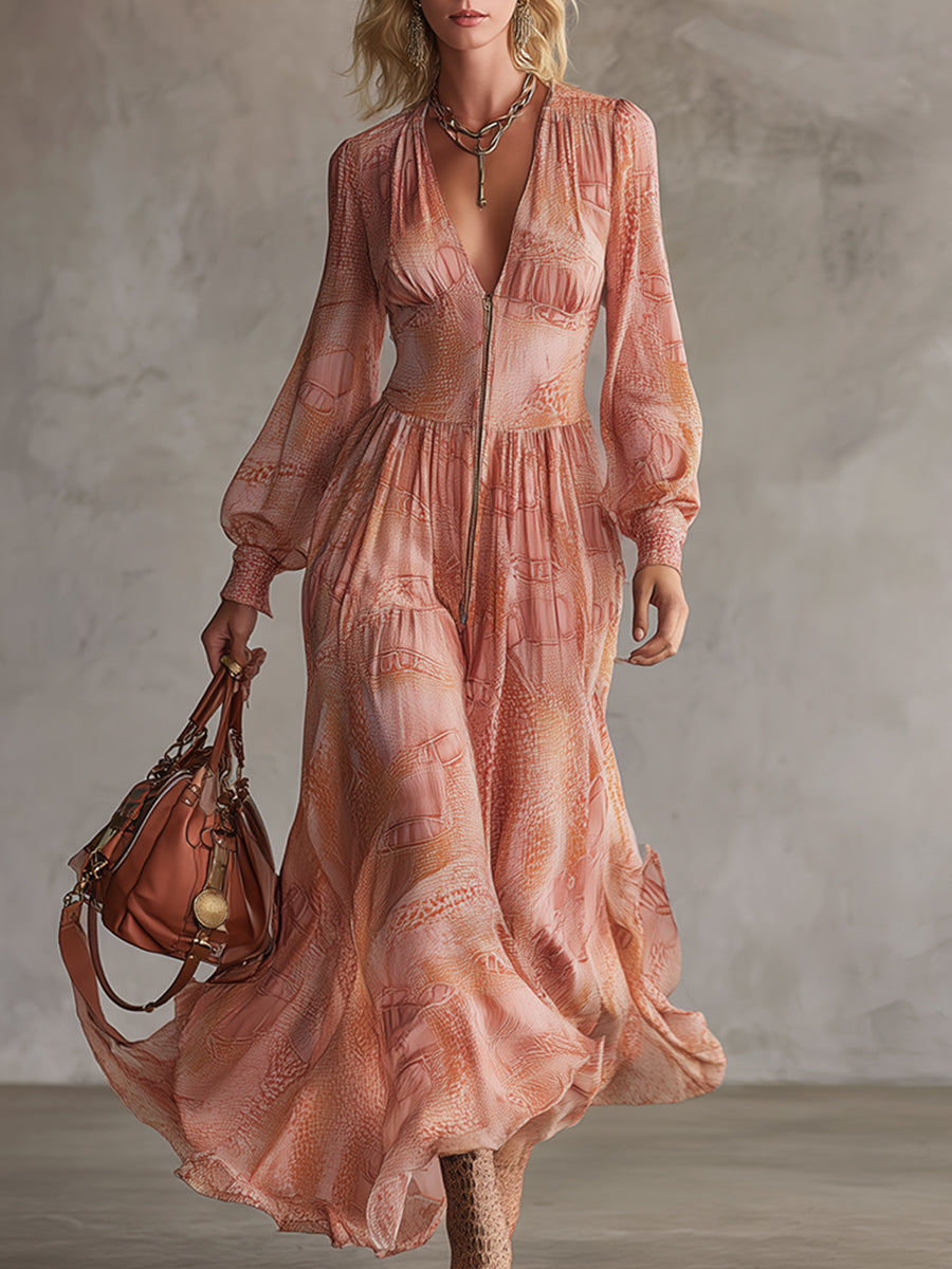 Elegant And Romantic Coral-colored Printed Chiffon Maxi Dress
