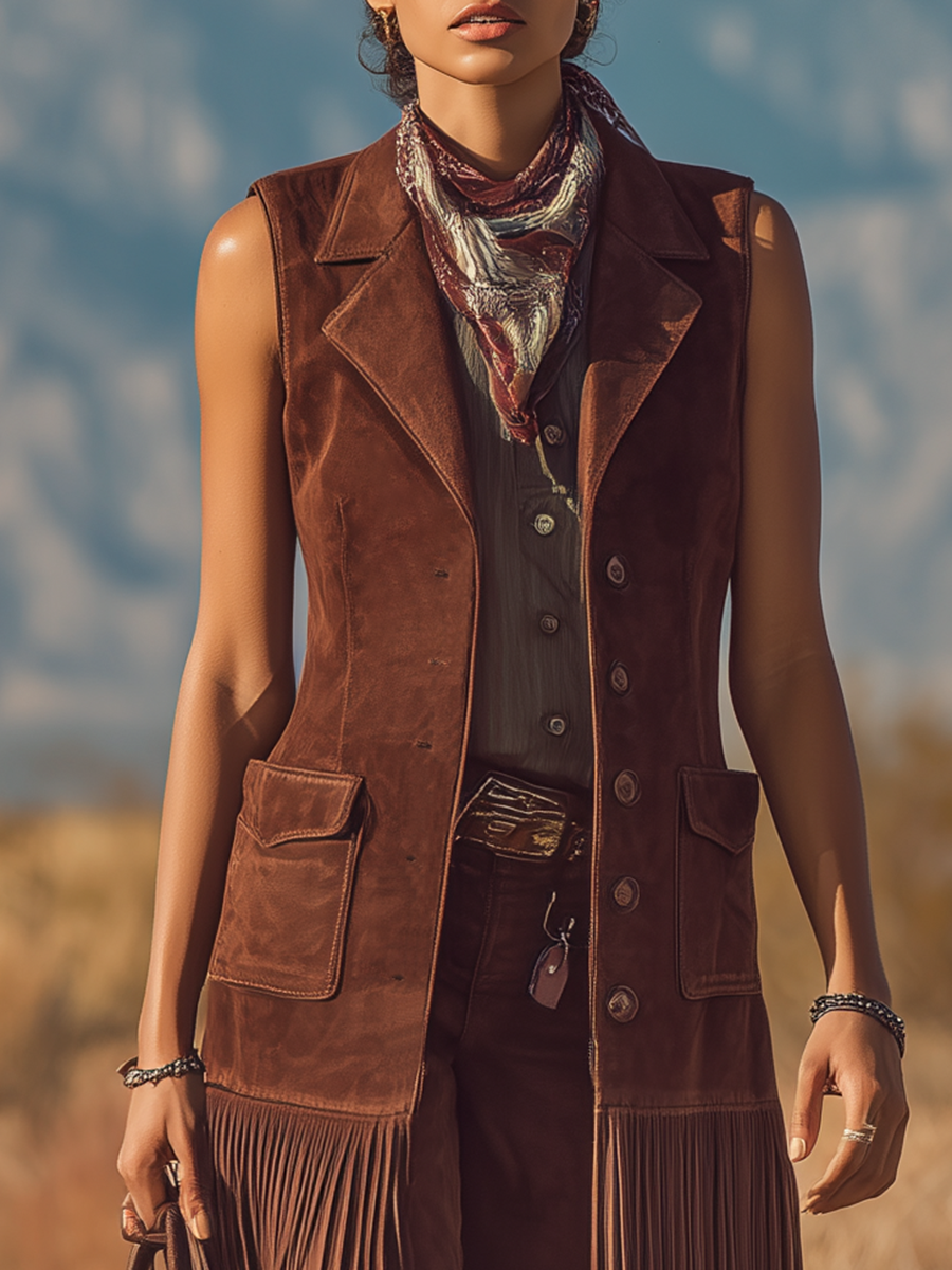 Stylish Western-style Brown Faux Suede Fringed Mid-length Vest