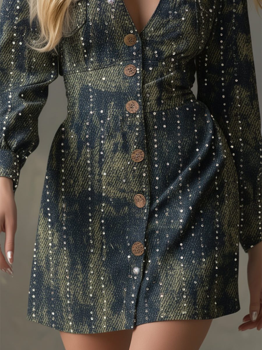 Trendy Distressed Blue Denim Rhinestone Mini Dress