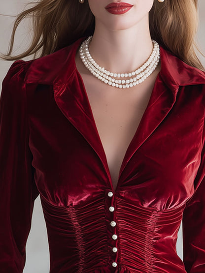 Fashionable Retro Red Velvet Pleated Ruffled Long-sleeved Shirt