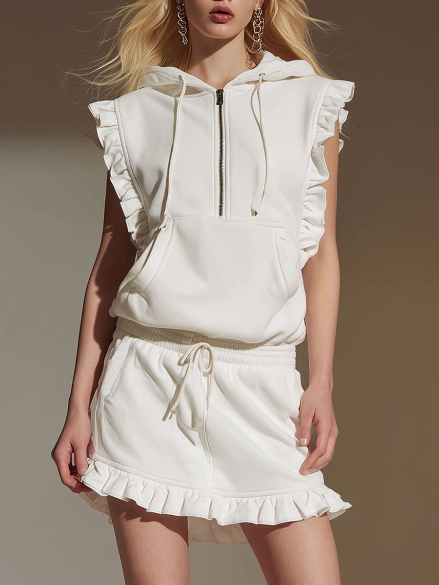 Stylish Sporty White Hooded Sleeveless Ruffled Sweatshirt And Skirt Set