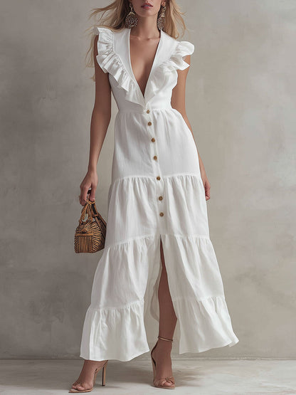 Stylish And Elegant White Sleeveless V-neck Ruffled Button Cotton Linen Maxi Dress