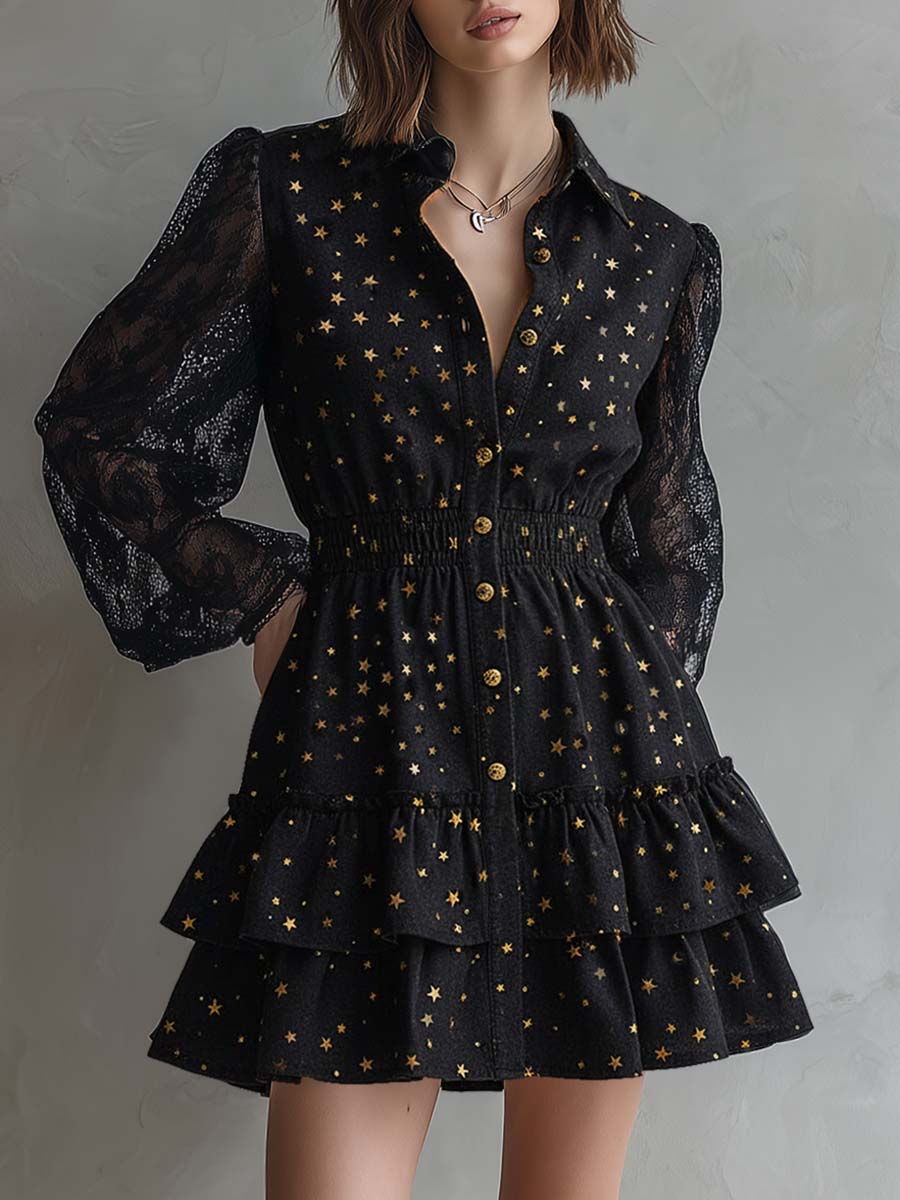 Elegant Vintage Ruffled Hem Lace Long Sleeves Gold Star Pattern Black Denim Mini Dress