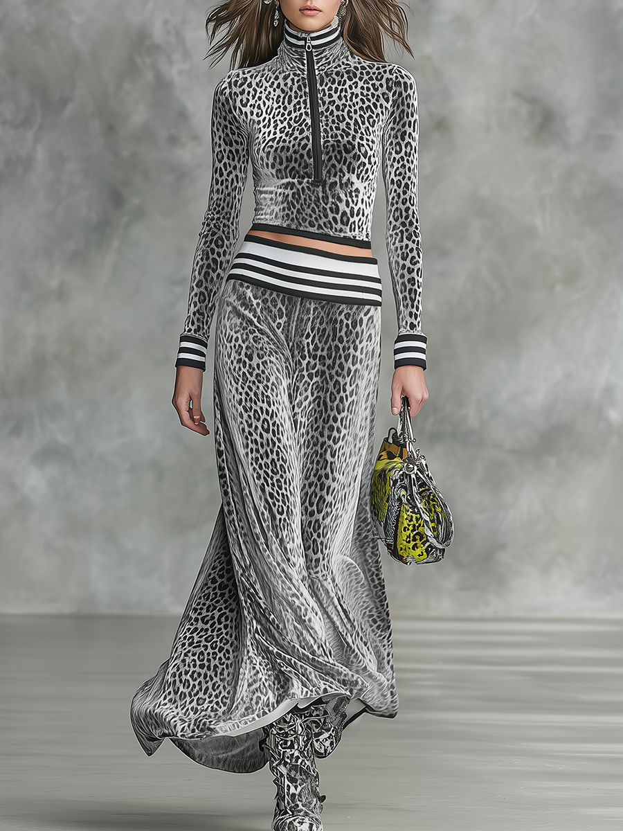 Retro Zip-up Stand-collar Leopard Print Velvet Top And Long Skirt Set