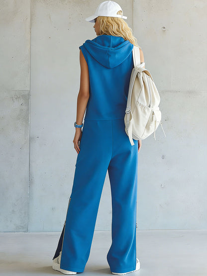 Retro Sporty Embroidered Zippered Blue Cotton Sleeveless Hooded Jumpsuit