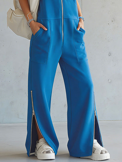 Retro Sporty Embroidered Zippered Blue Cotton Sleeveless Hooded Jumpsuit