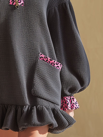 Stylish Loose-fitting Pink Leopard Print And Gray Waffle Mini Dress