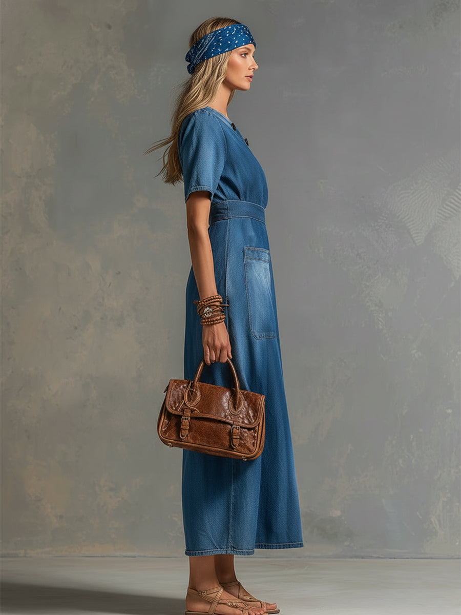 Stylish Urban Blue Denim One-shoulder Short-sleeved Maxi Dress