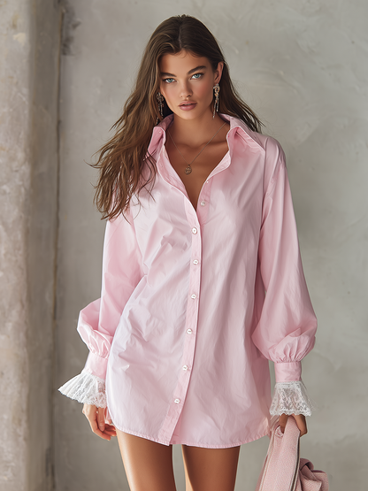 Elegant Lapel Lace-trimmed Cuffs Shirt Dress