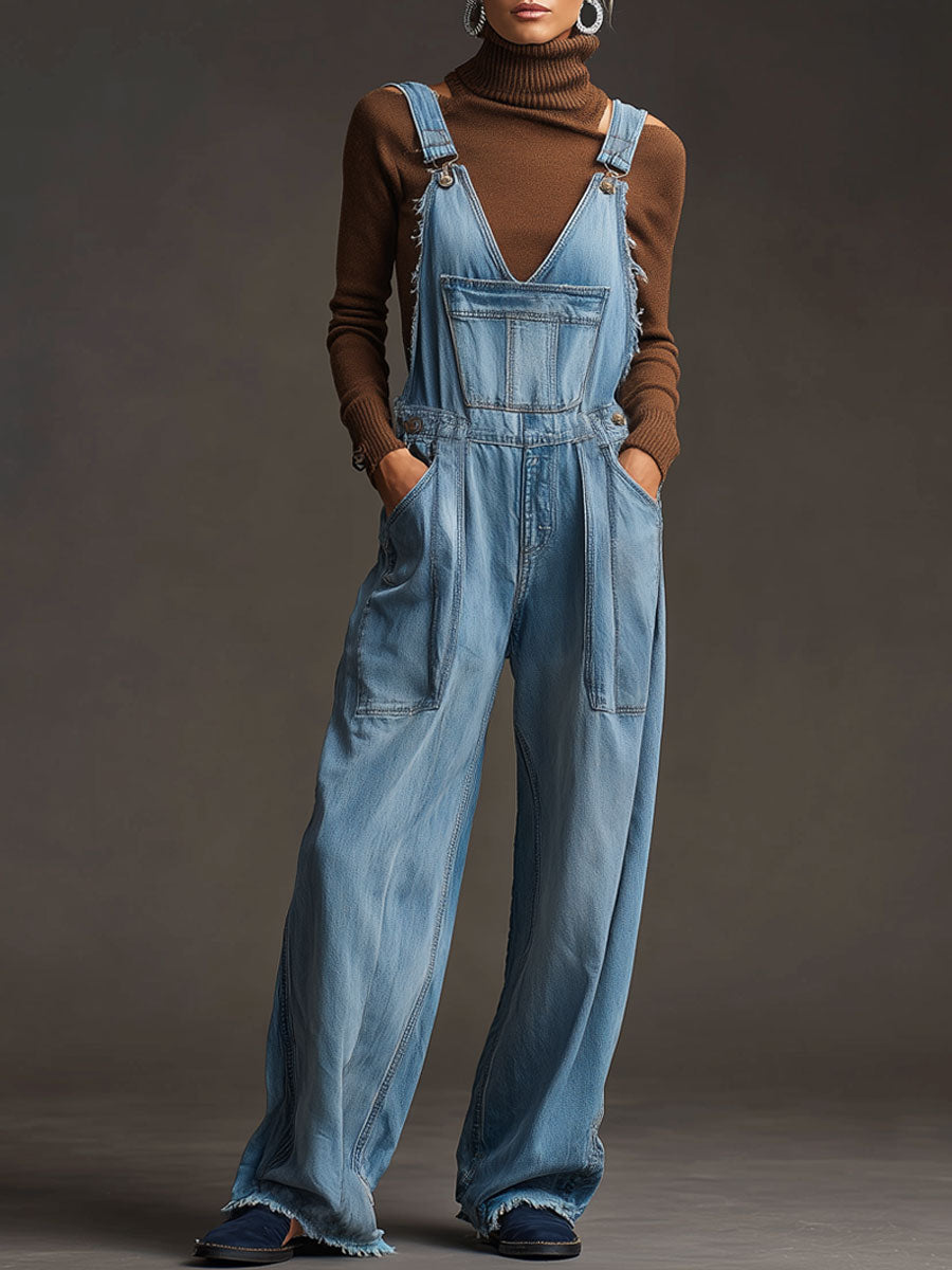 Casual Retro Washed Frayed Light Blue Denim Wide-leg Overalls
