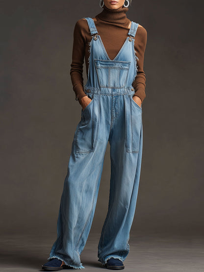 Casual Retro Washed Frayed Light Blue Denim Wide-leg Overalls