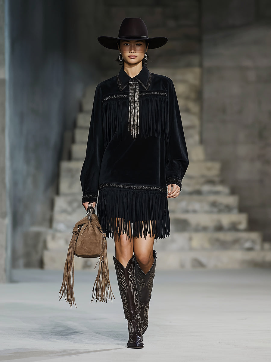 Stylish Black Faux Suede Patchwork Webbing And Tassel Mini Dress