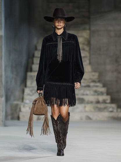 Stylish Black Faux Suede Patchwork Webbing And Tassel Mini Dress