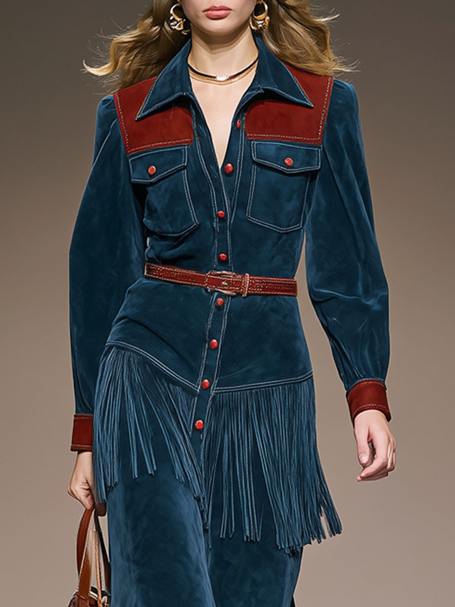 Western Retro Red And Blue Faux Suede Color Block Tassel Long-Sleeved Midi Dress