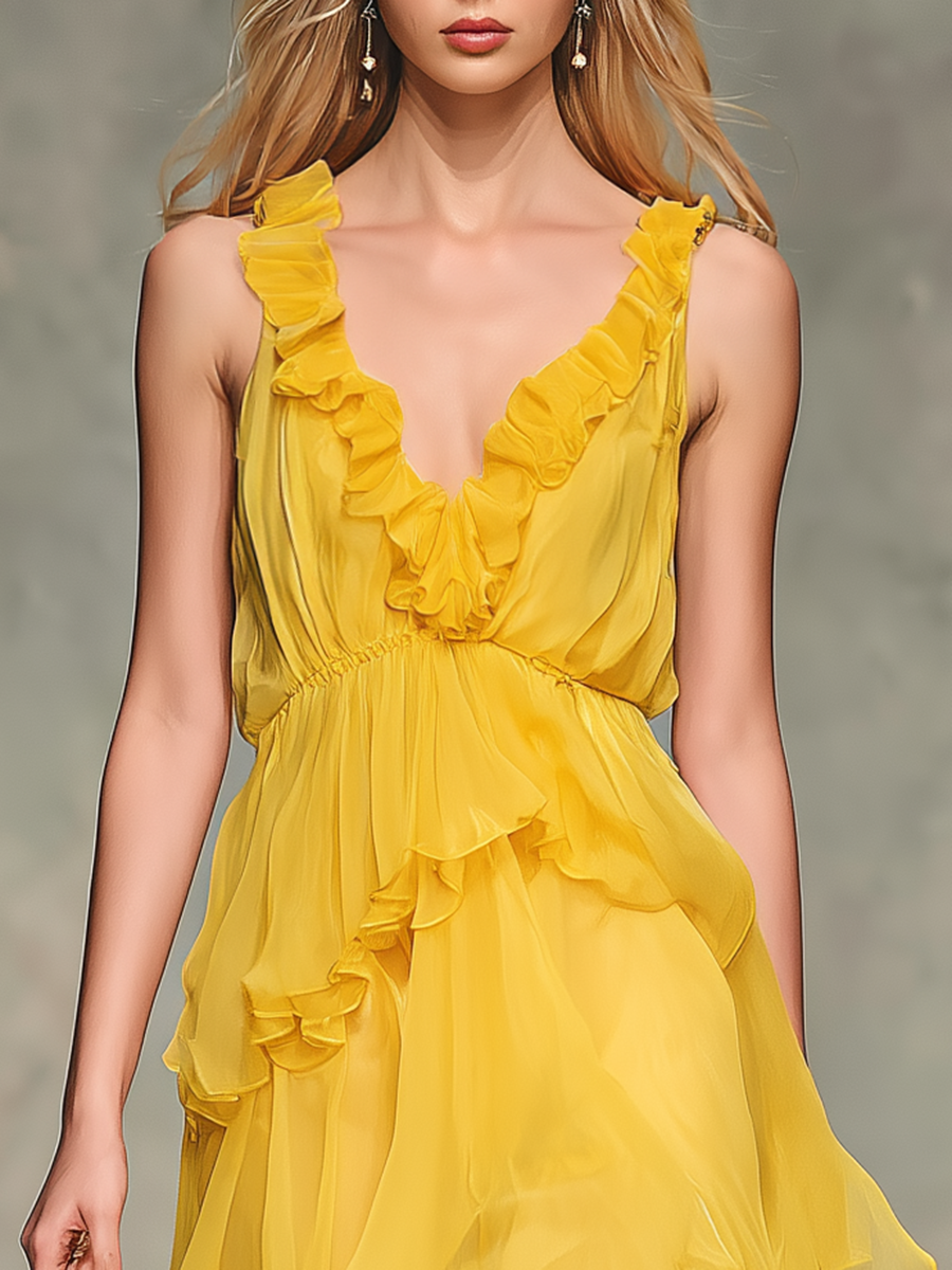 Elegant And Stylish V-neck Layered Chiffon Ruffles Maxi Dress