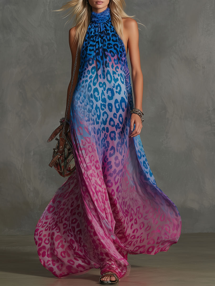 Gradient Leopard Print Chiffon High-neck Sleeveless Maxi Dress