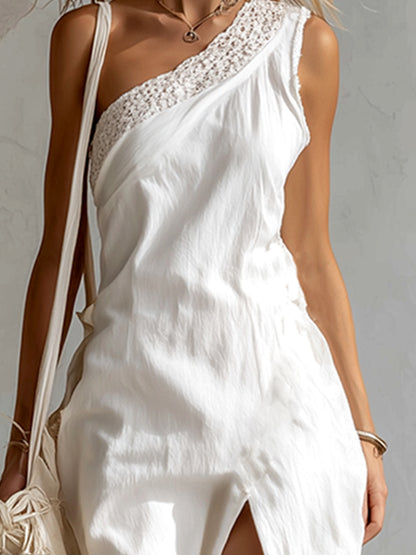 Elegant Slanted Neckline Lace Trim White Cotton And Linen Sleeveless Maxi Dress