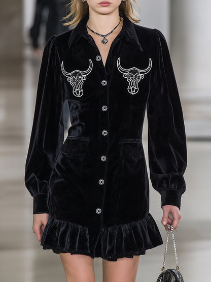 Stylish Black Corduroy Button-down Ruffled Bull&