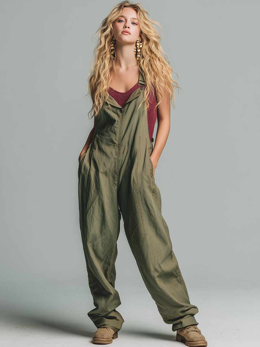 Casual And Stylish Olive Green Washed Cotton Overalls