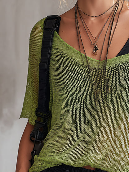 Trendy And Casual Green Mesh Knit Short-sleeved T-shirt