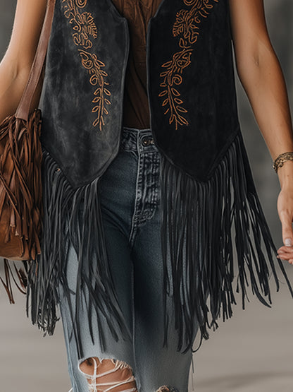 Retro Western-style Embroidered Fringed Black Faux Suede Vest