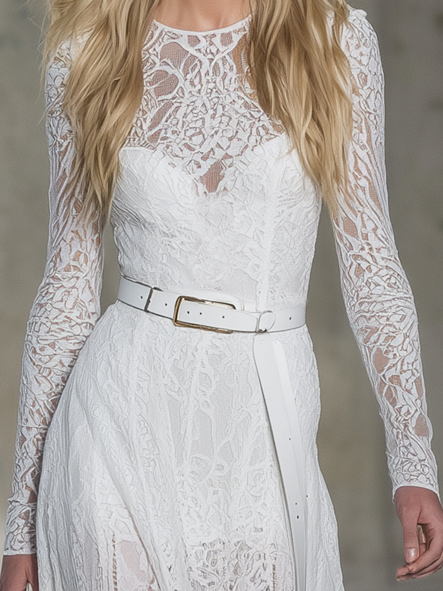 Stylish White Lace Long-sleeved Maxi Dress