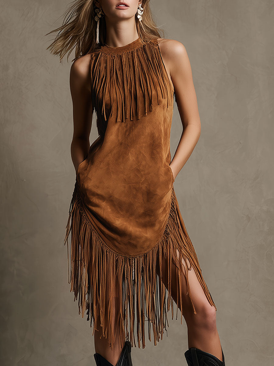 Western Retro Tassel Caramel Brown Round Neck Sleeveless Midi Dress