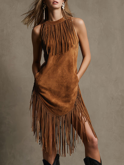 Western Retro Tassel Caramel Brown Round Neck Sleeveless Midi Dress