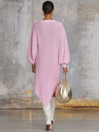 Pink V-neck Button-up Irregular Knit Long-sleeved Midi Dress