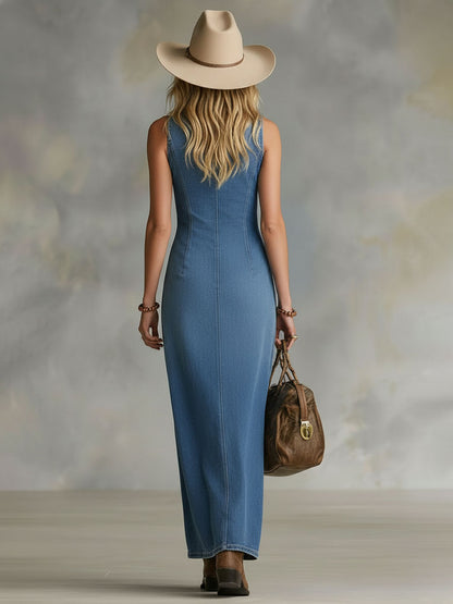 V-neck Button-up Side-slit Denim Sleeveless Maxi Dress