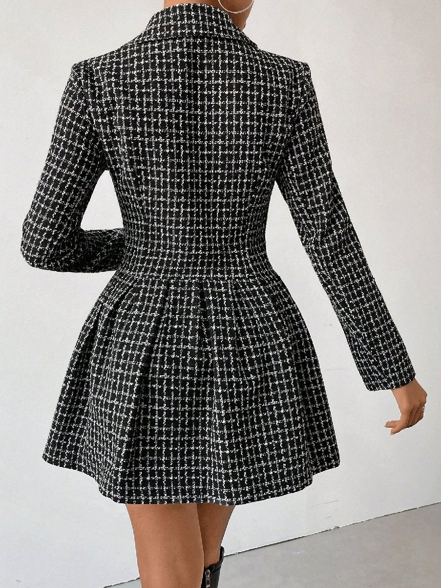 Fashionable Plaid Temperament Lapel Button Long Sleeve Mini Dress