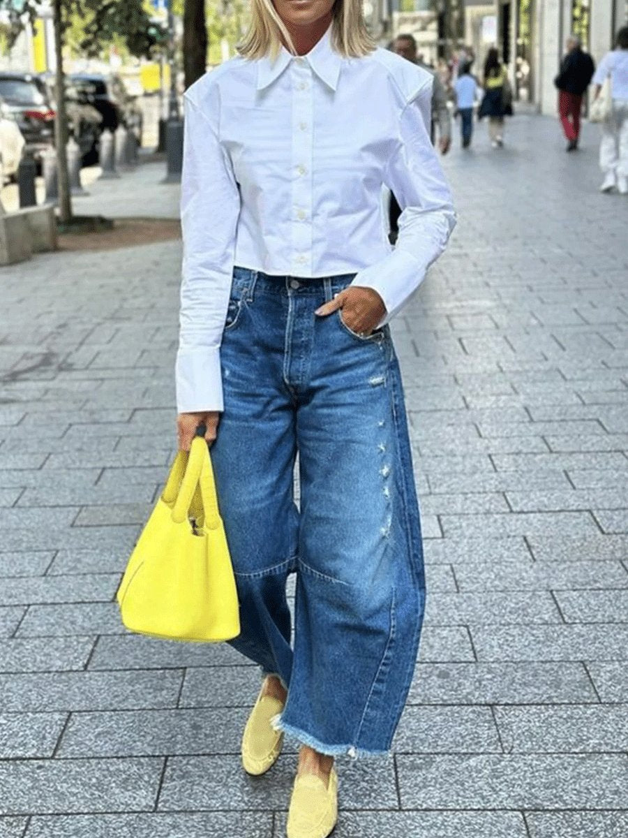 Plain Casual Denim Pockets Horseshoe Wide Leg Jeans