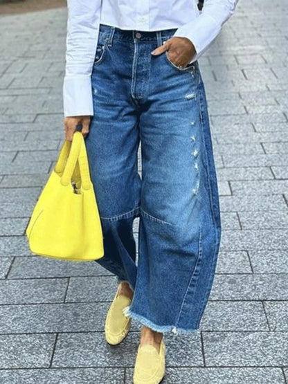 Plain Casual Denim Pockets Horseshoe Wide Leg Jeans