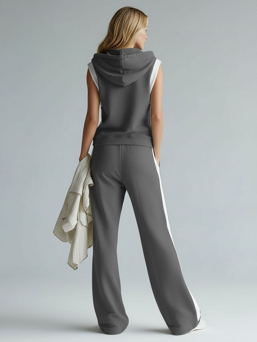 Casual Sporty Hooded Sleeveless Zip-up Top And Pants Set
