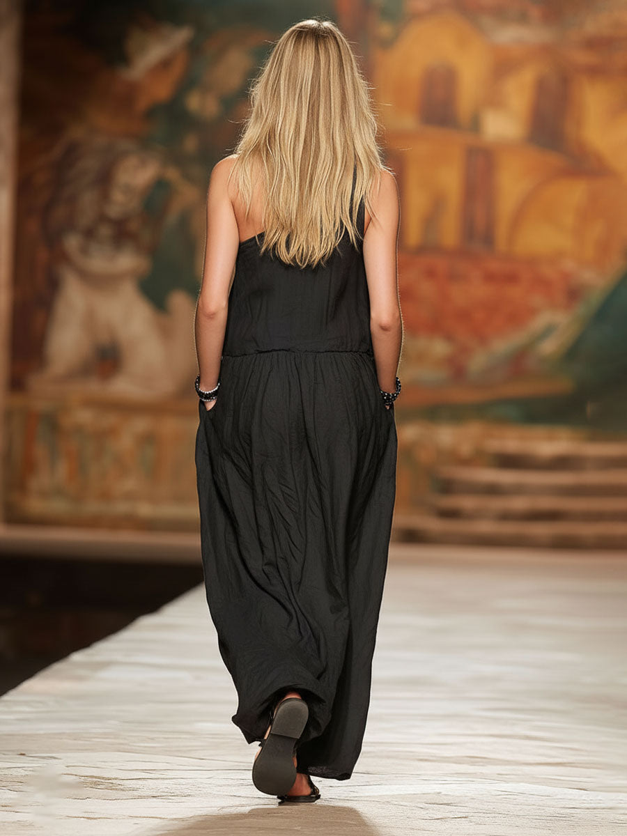 Slanted Collar Double-pocketed Cotton And Linen Sleeveless Maxi Dress