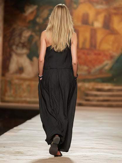 Slanted Collar Double-pocketed Cotton And Linen Sleeveless Maxi Dress