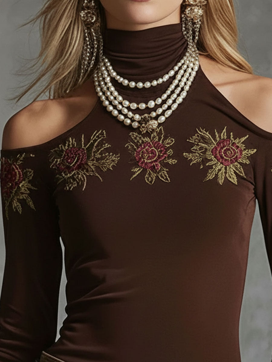 High-neckoff-shoulder Rose-embroidered All-cotton Long-sleeved T-shirt