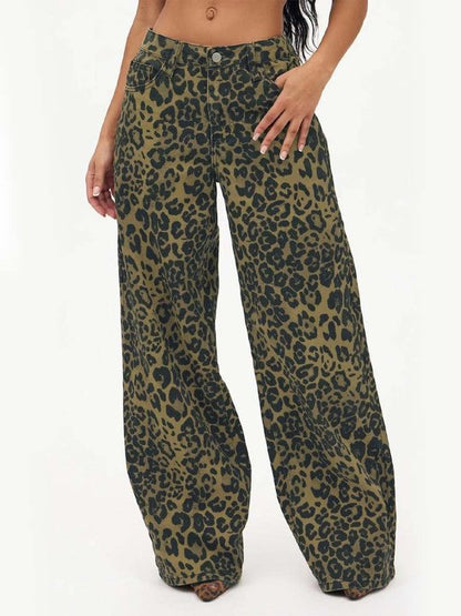 Vintage Fashion Leopard Loose Wide-Leg Jeans