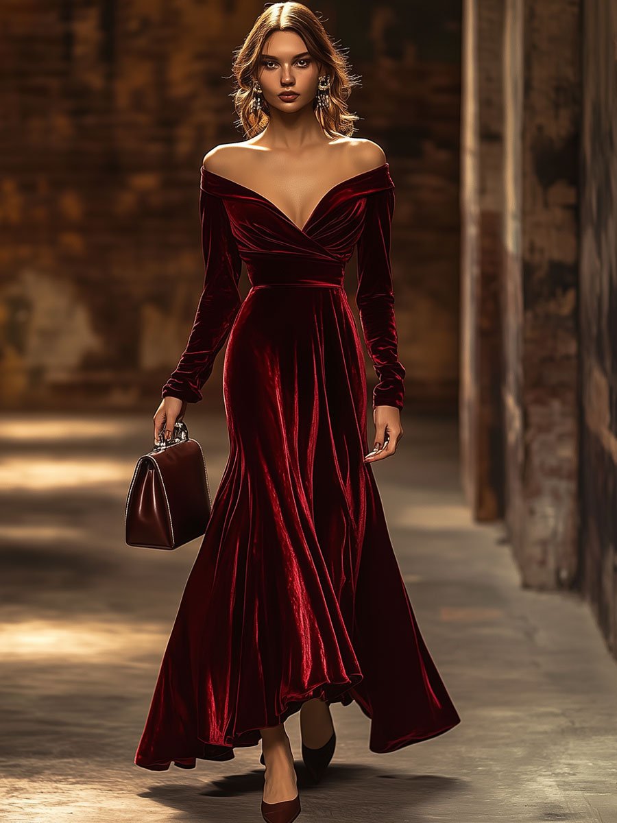 【24-hour shipping】Fashion Party Off-shoulder Long-sleeved Solid Color Velvet Fishtail Dress