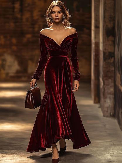 【24-hour shipping】Fashion Party Off-shoulder Long-sleeved Solid Color Velvet Fishtail Dress